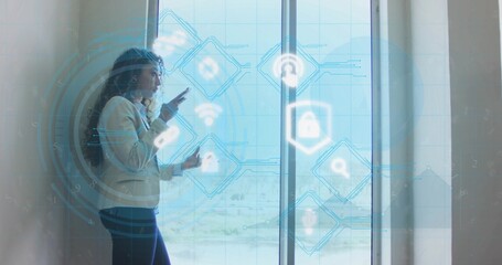 Naklejka premium Pointing businesswoman wearing light blazer dark pants tapping blue AR UI by glass door, copy space