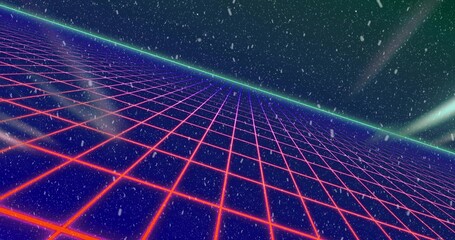 Fototapeta premium Stretching slanted neon grid plane receding toward cyan horizon at retro plain with starry specks