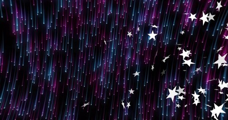 Showing neon vertical streaks falling on black backdrop, glowing dots and right white star cluster