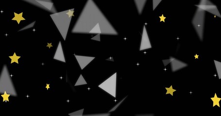 Fototapeta premium Glowing cluster drifting in black void, with blurred triangular shards, yellow stars, white dots