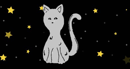 Sitting stylized gray cat curling tail in starry black space, among yellow stars, white sparkles