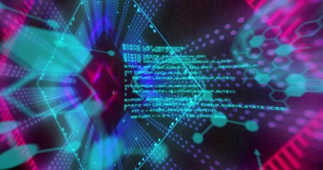 Displaying turquoise code block glowing and scrolling in virtual network, with hexagonal grid