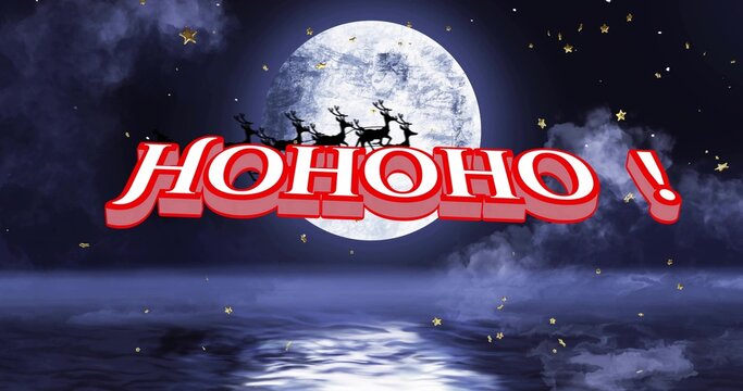 Floating large 3D HOHOHO ! text across night sky over water, full moon sleigh reindeer sparkles