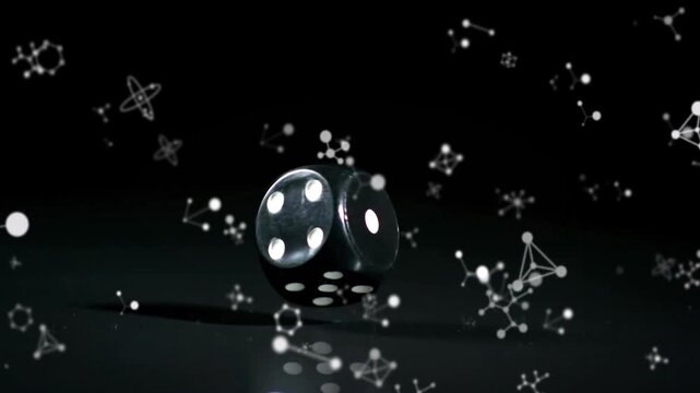 Airborne drop sending glossy die rotating bouncing and rolling to rest showing reflection and atoms