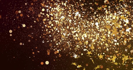 Sparkling gold glitter cluster sweeping across maroon backdrop with star-shaped confetti and bokeh