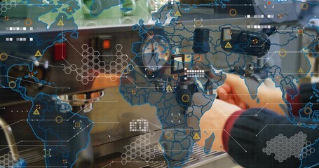 Preparing barista hands with maroon cuff tamping portafilter at cafe, showing gauge and map overlay