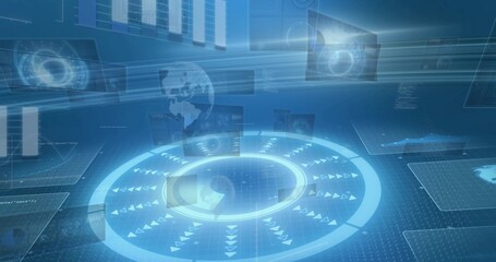 Obraz premium Pulsing circular HUD showing concentric rings and arrows in virtual dashboard with panels and globe