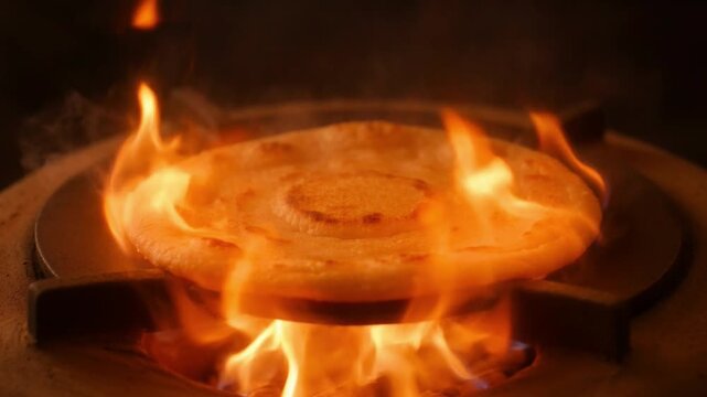 Close Up Video of Traditional Puran Poli Sweet Flatbread Roasting and Puffing Up on Tawa Griddle Over Open Fire Stove Flame