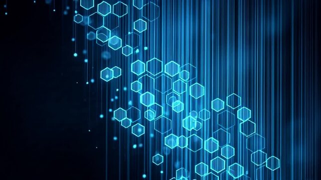 Abstract blue digital background with glowing hexagons and lines.