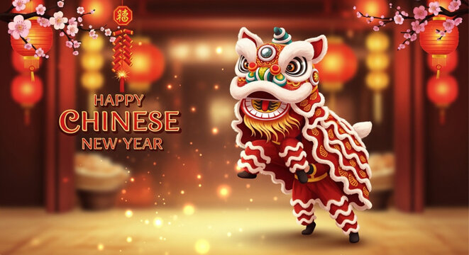 Happy Chinese New Year Lion Dance Illustration for Festive Greeting Card, Poster, Banner, and Holiday Promotion