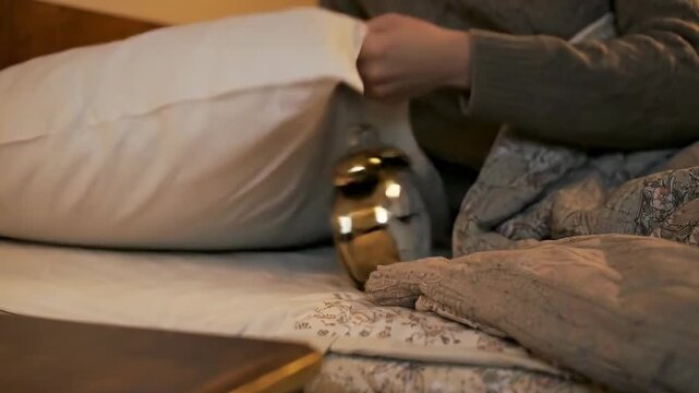 A hand reaches to turn off a ringing alarm clock on a bedside table, with a person in bed in the background. The image depicts the moment of waking up to an alarm.