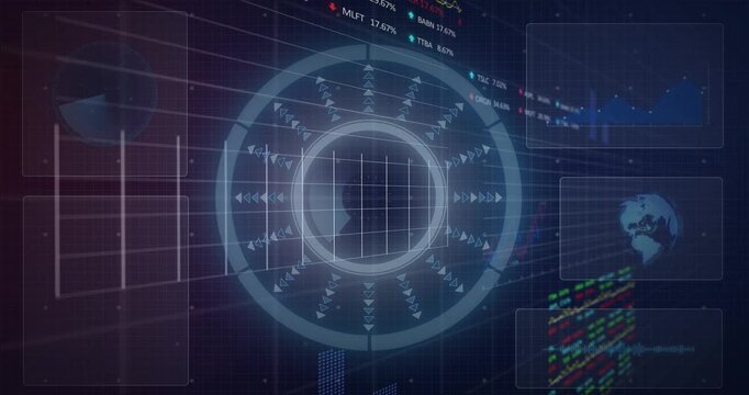 Left graph entering and starting central circular HUD rotating, pulsing and tickers displaying data