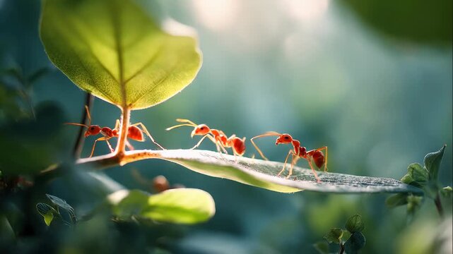 Ants walk along a leaf in a green setting during the day