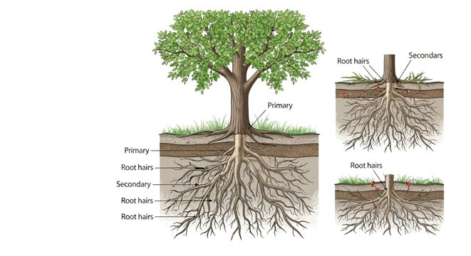 Illustration of a tree with labeled root system and growth cycle in soil, showing the cycle or siklus akar pohon.