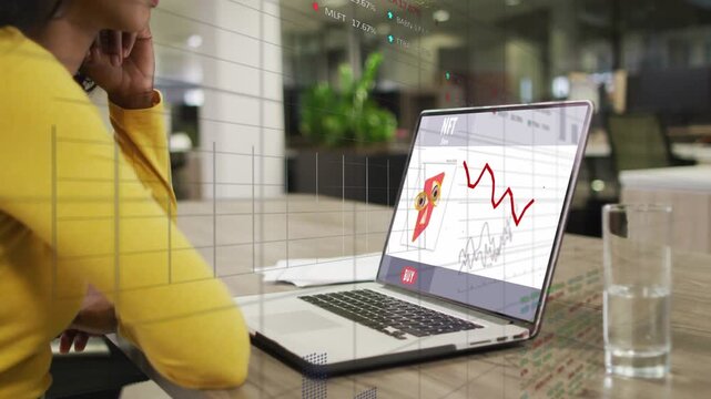 Woman selecting NFT thumbnail on laptop, overlays drawing red trend line and revealing market data