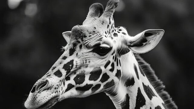 A giraffe with a long neck and a long head. The giraffe has a black and white pattern on its face
