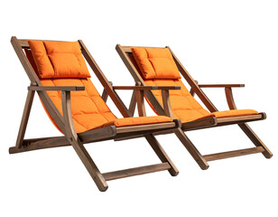 Two wooden lounge chairs with orange cushions, isolated on black