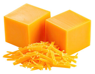 Two cheddar cubes next to a pile of shredded cheese, orange and delicious