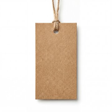 Blank brown kraft paper clothing hang tag mockup with string isolated.