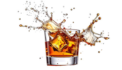 Whiskey splash with ice cubes in a rocks glass, against a black backdrop