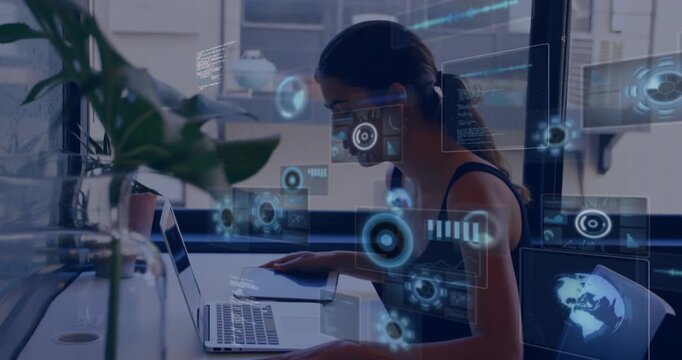 Woman placing tablet on laptop and typing, spawning UI overlays around her for tech analysis