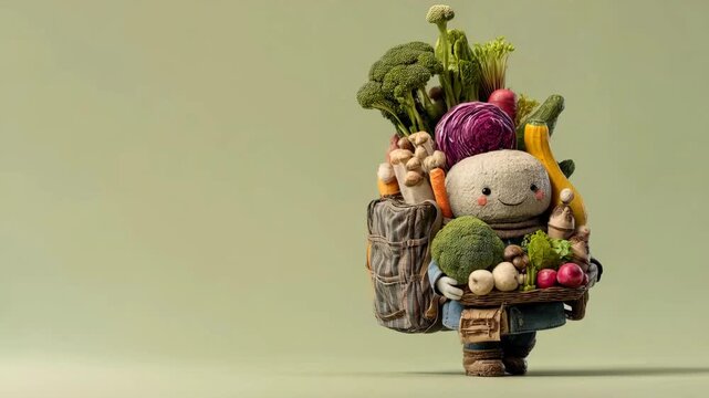 Vegetable cartoon character walking. Funny vegetable man animation. Fruits, vegetables, eggs, milk and cheese on green background. Healthy food delivery background. Vegetable man