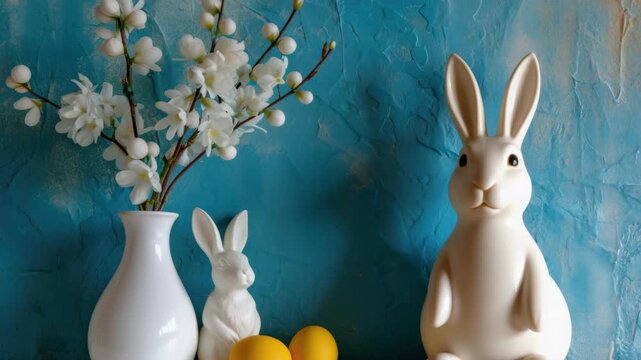 A charming display of objects against a vibrant blue textured wall.