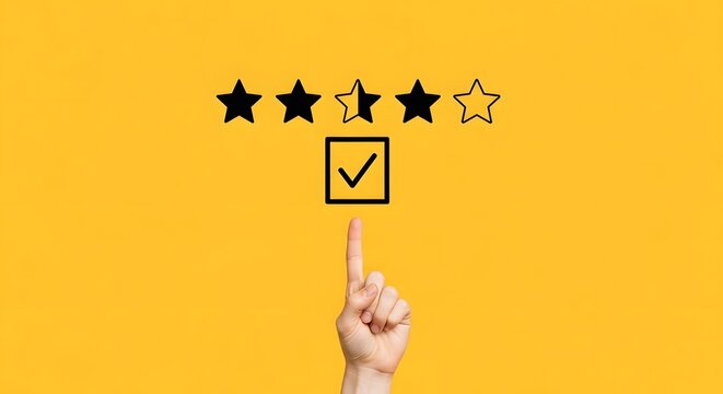 A hand pointing to a rating system with stars and a checkbox on a yellow background
