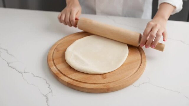 Woman hands rolling dough with rolling pin for Puran Poli video making Indian sweet flatbread on wooden board kitchen scene culinary
