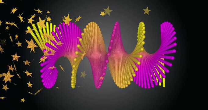 Camera pushing, dots drawing inward, forming waving magenta yellow ribbon bursting, fading for logo