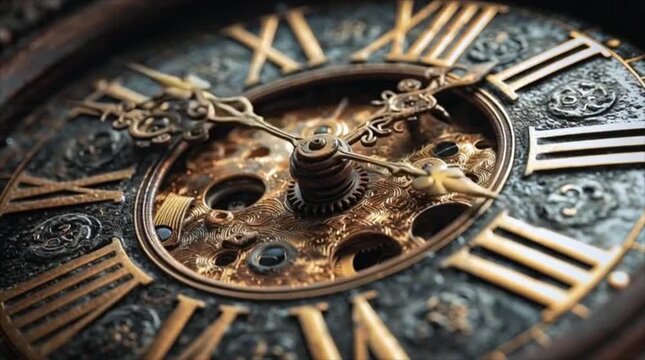 Vintage Ornate Clock Face Close-up, Golden Steampunk Gear Mechanism Rotating, Antique Timepiece with Roman Numerals Showing Passing of Time 4k video animation seamless loop