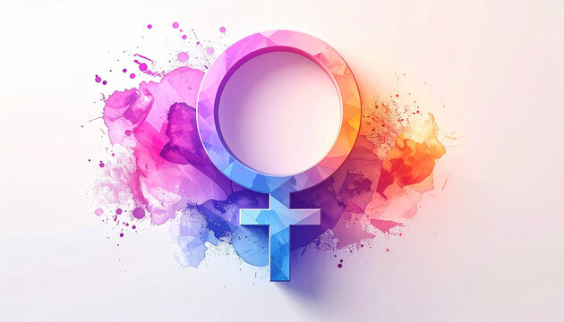 Colorful female gender symbol with abstract watercolor splashes and geometric patterns on transparent background