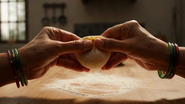Close up hands stuffing sweet filling into dough for Puran Poli preparation video traditional Indian dessert making process authentic cuisine