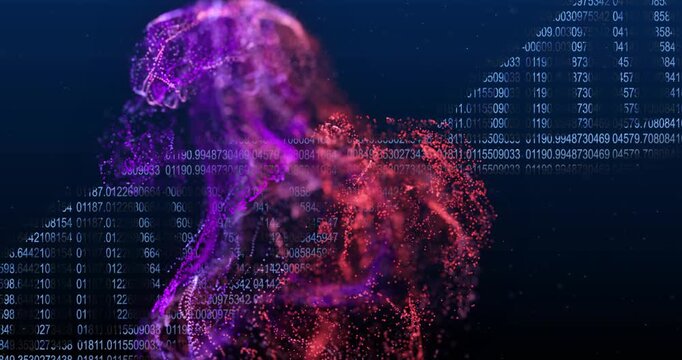 Particle cloud rising from lower center growing, splitting, twisting, visualizing numeric data flow