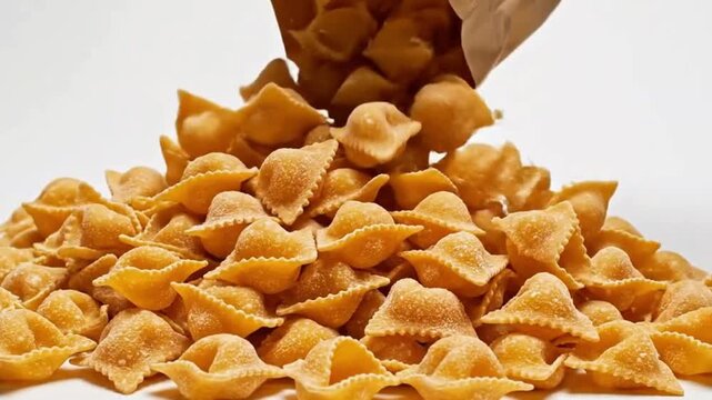 A pile of cappelletti pasta sits on a white surface spilling from a brown paper bag