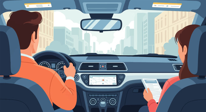 Couple inside car with navigation system in urban cityscape