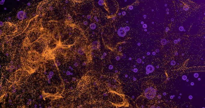 On start orange cloud unfurling, releasing particles while purple discs drifting, visualizing shift
