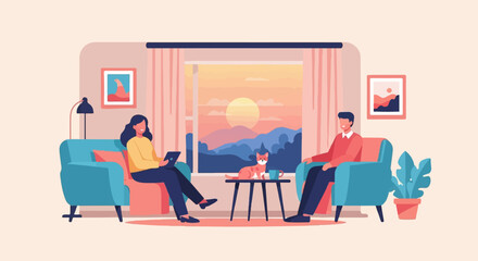 Fototapeta premium Couple relaxing in living room watching sunset with cat