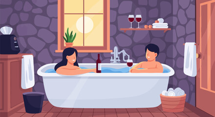 Couple relaxes in a bathtub with wine and towels