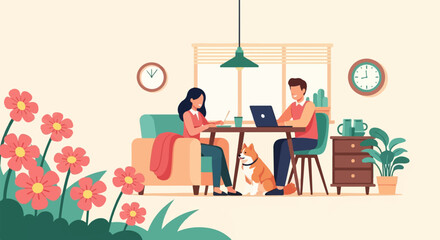Plakat Couple working at home with dog and flowers