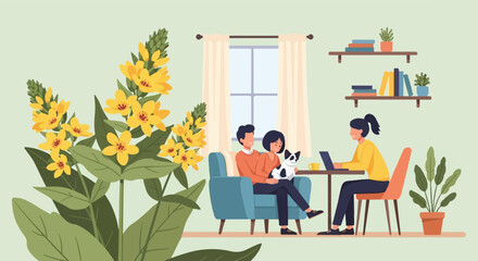Fototapeta premium Cozy indoor scene with people, pet, and plants