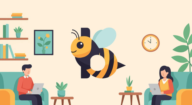 Cozy home interior with people working remotely, cheerful bee character