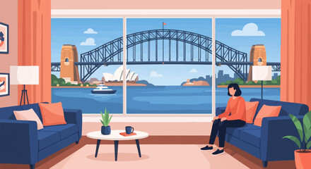 Fototapeta premium Cozy living room with a stunning city harbor view