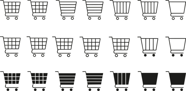Shopping cart outline and silhouette icon set with empty baskets retail trolley symbols vector illustrations isolated