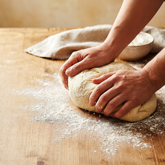 Baker Hands Kneading Fresh Dough on Wooden Table with Flour