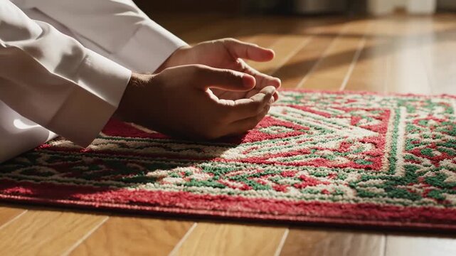 Man performing prayer on mat on wooden floor
