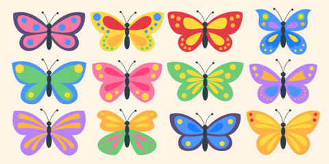 Set of cute colorful butterflies vector illustration. Cartoon butterfly collection in flat style isolated on background. Spring insects clipart bundle for kids design, stickers, nursery decoration and © Anastasiia
