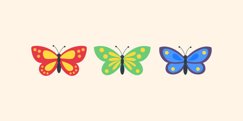 Colorful butterfly vector set. Cute cartoon butterflies collection in flat style. Spring garden insects clipart isolated on background for kids design, nursery decoration and educational projects. © Anastasiia