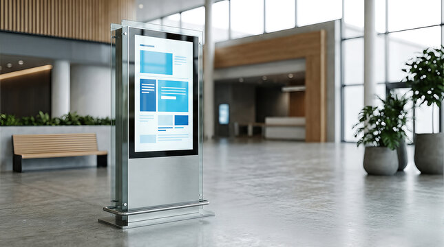 Digital Signage Kiosk in Modern Office Lobby Mockup