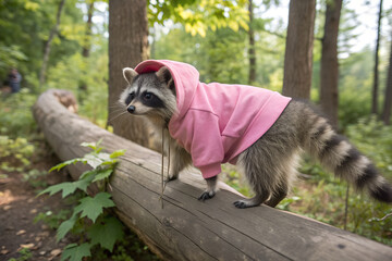 Fototapeta premium A woman walks her friendly puppy through a grassy park while a wild lemur watches from the lush nature of the nearby trees